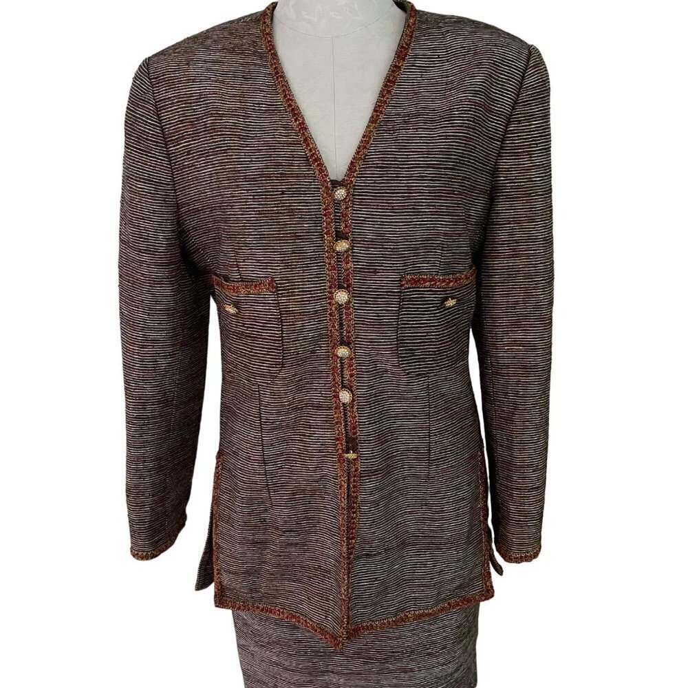 Rickie Freeman Vintage Womens Skirt Suit Size Medium Brown Woven Silk Korea